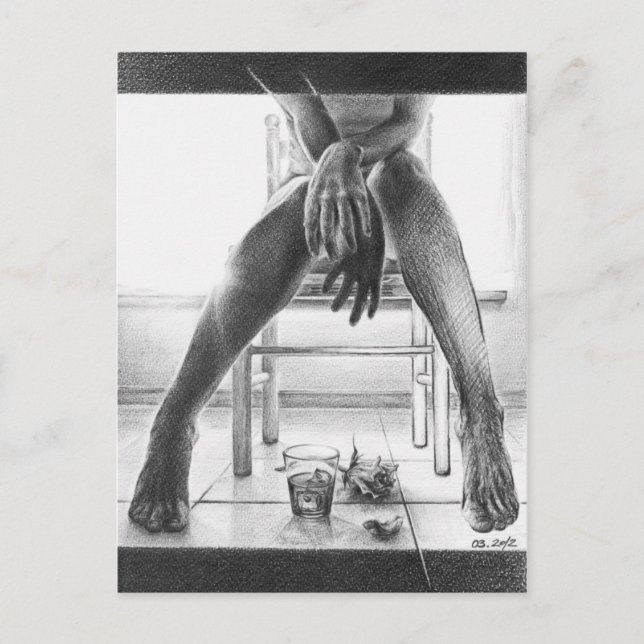Carte Postale Pieds Femme, verre et dessin au crayon rose (Devant)