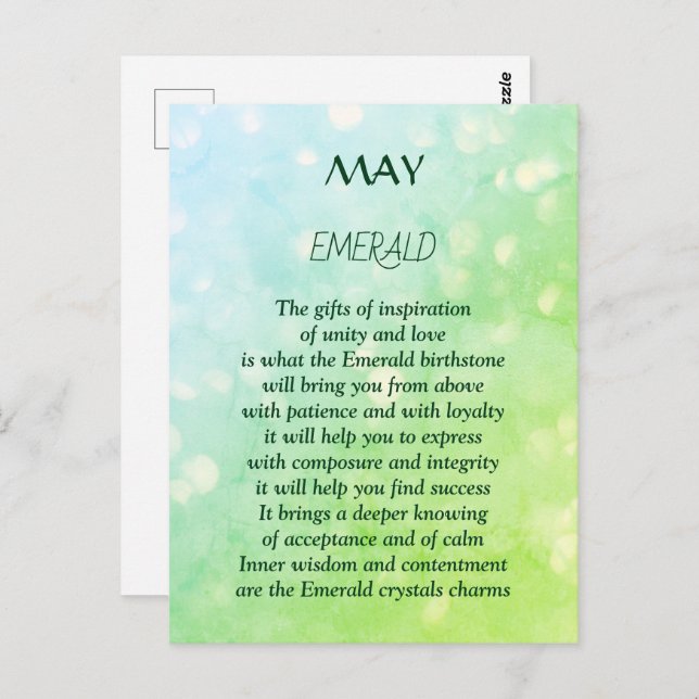 Carte Postale Pierre de naissance de mai Emeraude (Devant / Derrière)