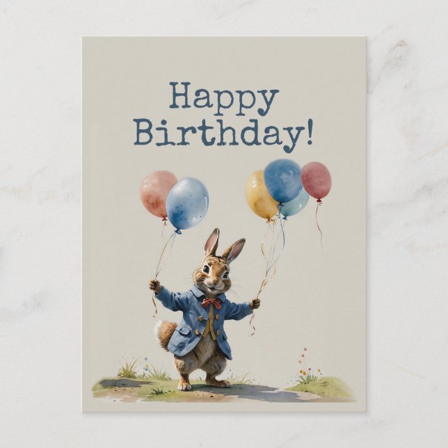 Carte Postale Pierre le lapin avec ballons Joyeux Anniversaire (Devant)