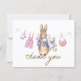 Carte Postale Pierre le lapin avec banderole rose merci