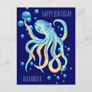 Carte Postale Pieuvre bleu profond de la mer bulle marine bleu n