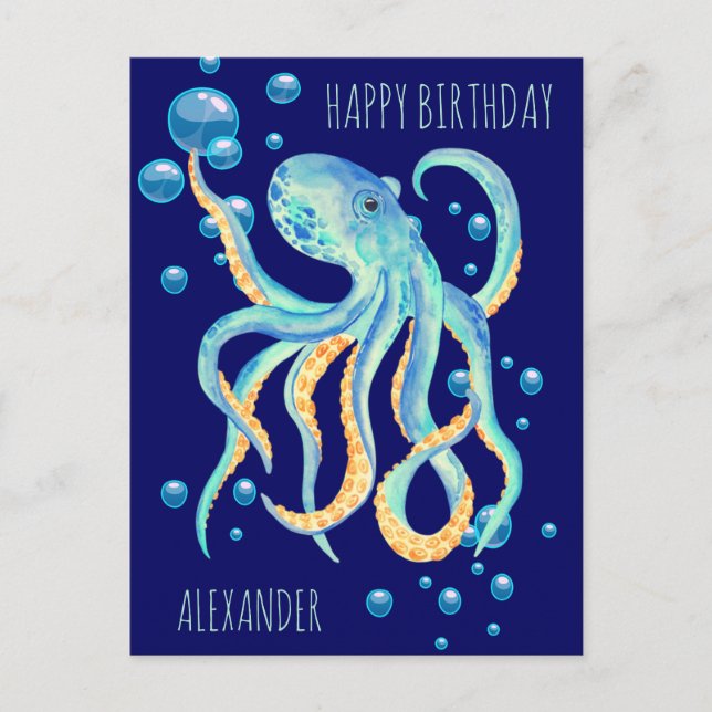 Carte Postale Pieuvre bleu profond Océan marine Anniversaire (Devant)