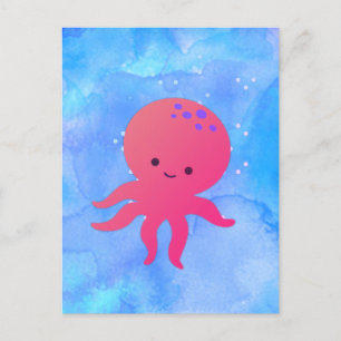Carte Postale Pieuvre En Cartoon Cute Dans L'Aquarelle Bleue