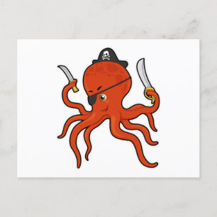 Carte Postale Pieuvre en pirate avec épée et couteau