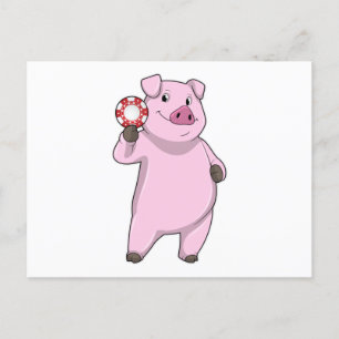 Carte Postale Pig au Poker avec des jetons de Poker