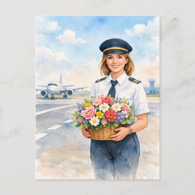 Carte Postale Pilot holds flowers standing on runway  (Devant)