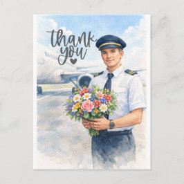 Carte Postale Pilot holds flowers standing on the runway 
