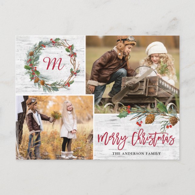 Carte Postale Pin de Noël cônes 2 PHOTOS Oiseau de Noël (Devant)