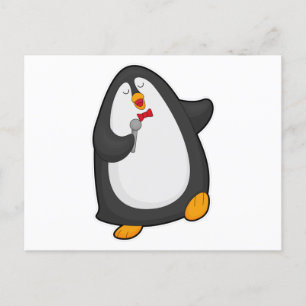 Carte Postale Pingouin à chanter avec microphone et Cravate