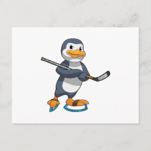 Carte Postale Pingouin au hockey sur glace avec bâton de hockey 