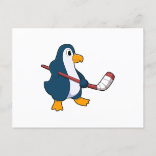 Carte Postale Pingouin au hockey sur glace avec bâton de hockey 
