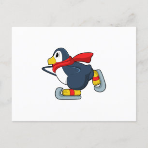 Carte Postale Pingouin au patinage sur glace avec patins sur gla