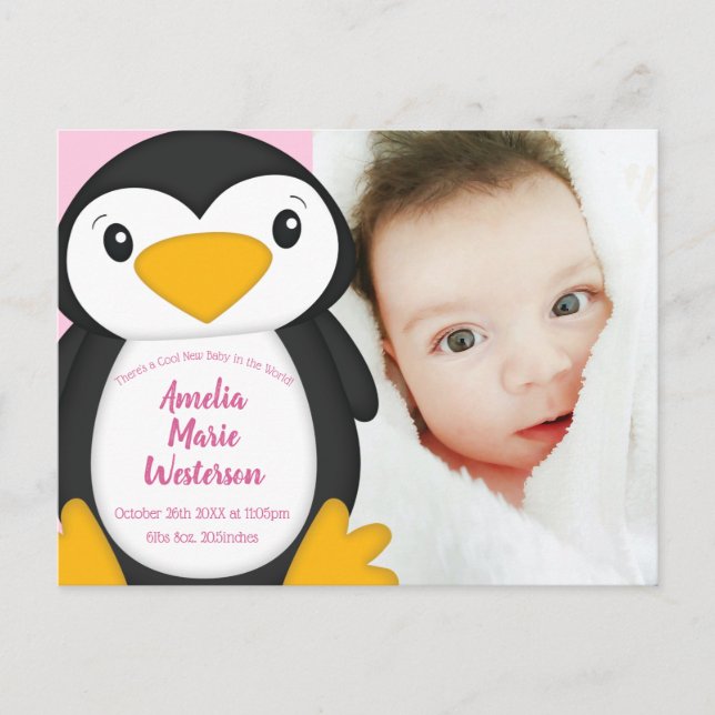 Carte Postale Pingouin Baby shower fille rose (Devant)