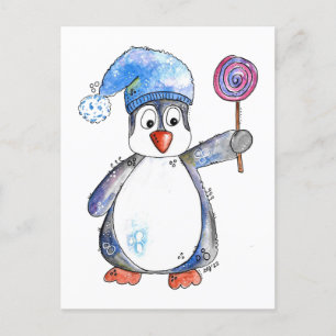 Carte Postale Pingouin blanc mignon avec Lollipop