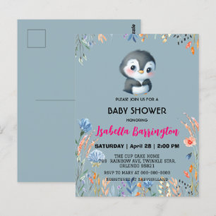 Carte Postale Pingouin bleu mou fleur douce baby shower enfants