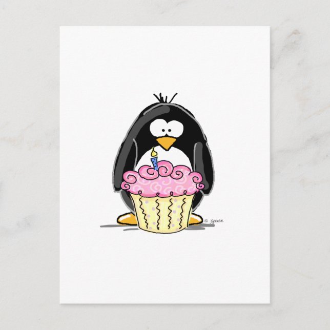 Carte Postale Pingouin d'anniversaire avec Cupcake (Devant)