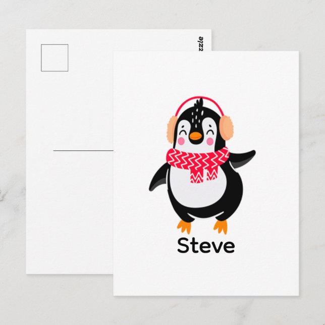 Carte Postale Pingouin de Noël Jolly en écharpe avec des bouffée (Devant / Derrière)