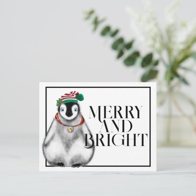 Carte Postale Pingouin de Noël mignon, animaux arctiques festifs (Debout devant)