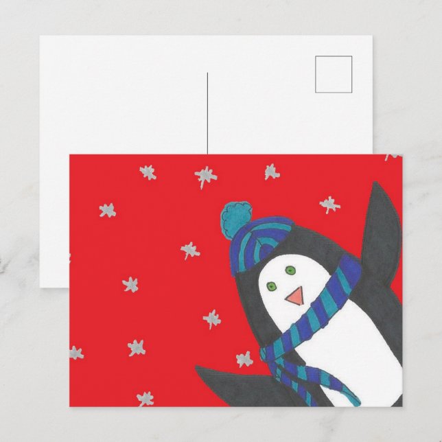 Carte Postale Pingouin de Noël mignon en rouge (Devant / Derrière)