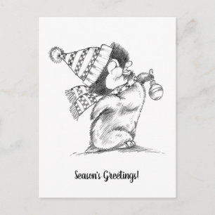 Carte Postale Pingouin de Noël rétro mignon avec Casquette et Éc