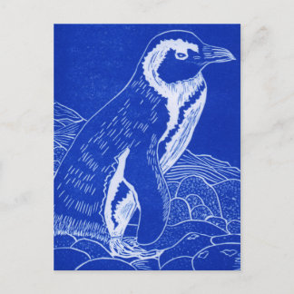 Carte Postale Pingouin Linocut Bleu