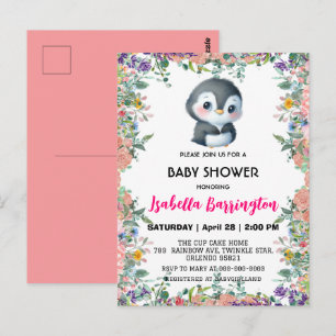 Carte Postale Pingouin mignon fleur coloré doux baby shower enfa