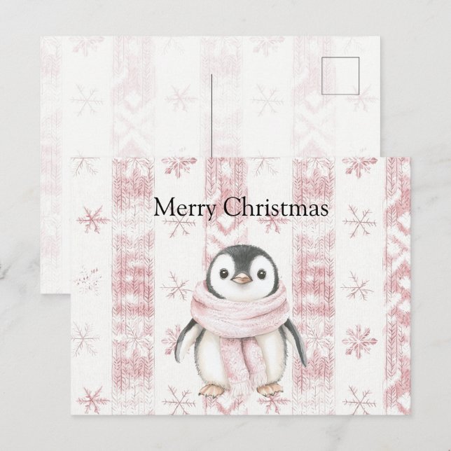 Carte Postale Pingouin rose Snowflakes Noël (Devant / Derrière)