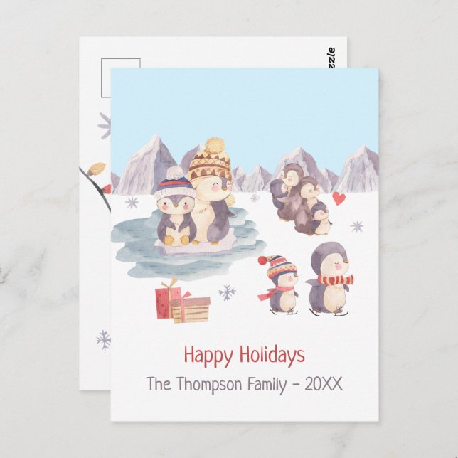 Carte Postale Pingouins mignons Jouer dans des vacances joyeuses (Devant / Derrière)