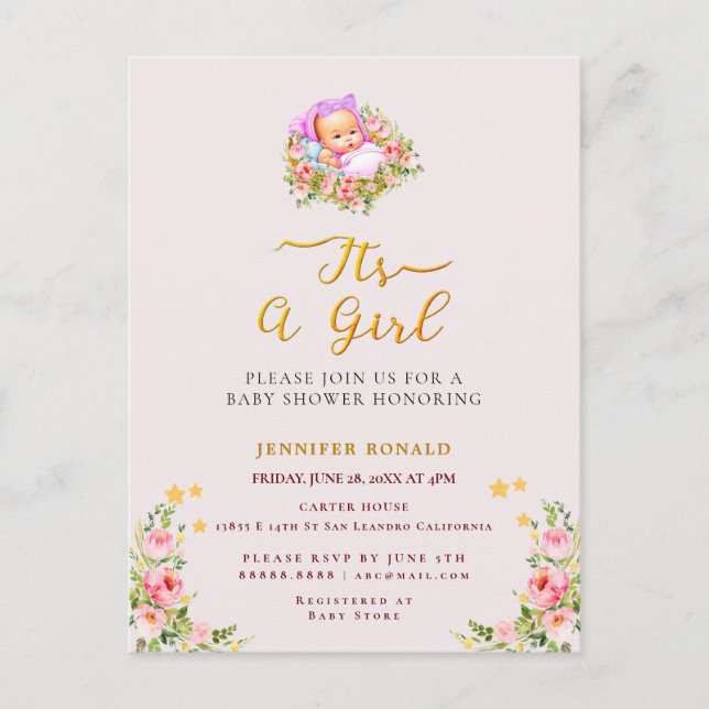Carte Postale Pink and Gold Flower thème c'est un baby shower fi (Devant)