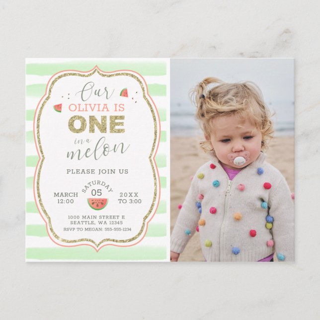Carte Postale Pink and Gold Sparkel One in a Melon 1er Birthday (Devant)