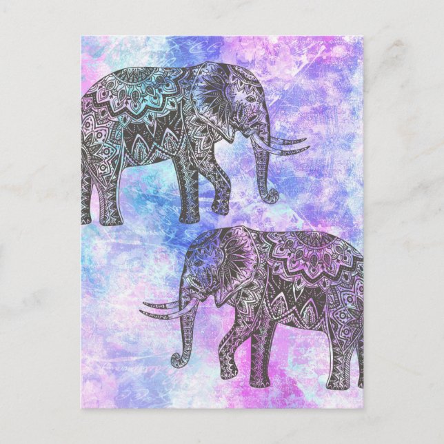 Carte Postale Pink Aqua Black Elephant Bright Tribal (Devant)