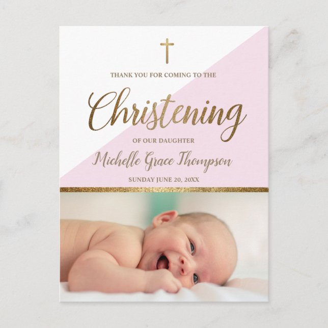 Carte Postale Pink Baby Girl Photo Christening Merci (Devant)