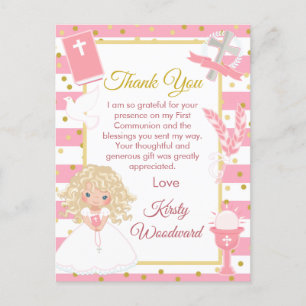 Carte Postale Pink Blonde cheveux fille première communion Merci