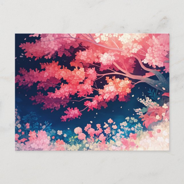 Carte Postale Pink Cherry Blossom Tree at Night Starry Sky (Devant)