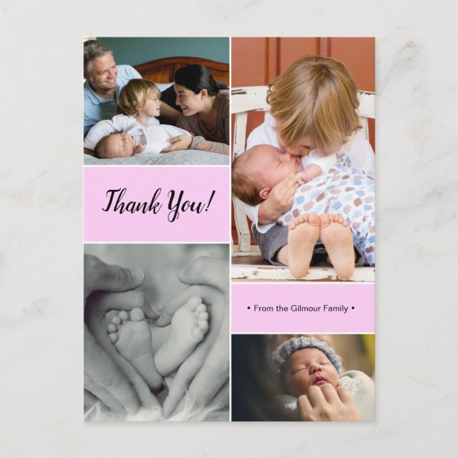 Carte Postale Pink Custom photo collage deuxième bébé faire-part (Devant)