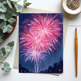Carte Postale Pink Fireworks | Happy New Year Watercolor