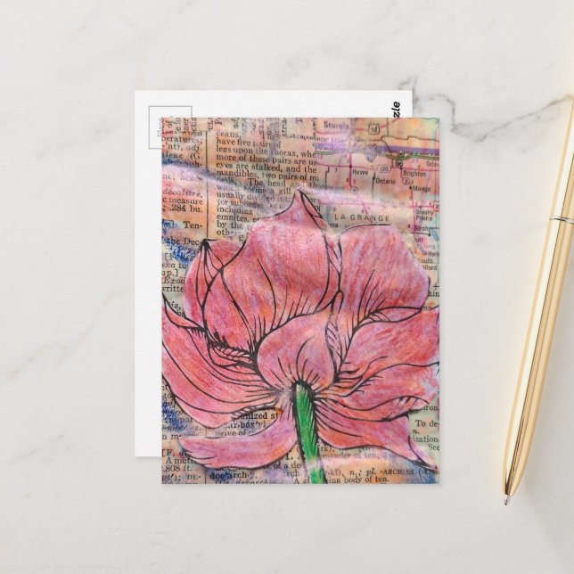 Carte Postale Pink Flower Map and Words Mixed Media Collage (Devant/Arrière en situation)