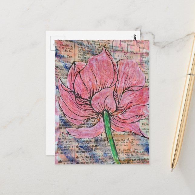 Carte Postale Pink Flower Mixed Media Collage (Devant/Arrière en situation)