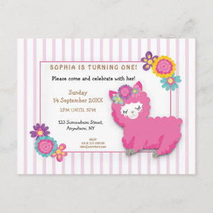 Carte Postale Pink Fluffy Llama Stripe premier anniversaire Invi