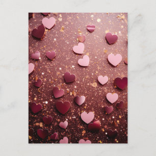Carte Postale pink hearts on a pink and golden glitter ground