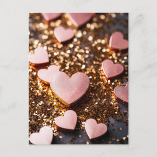 Carte Postale pink hearts on golglitter ground for valentin