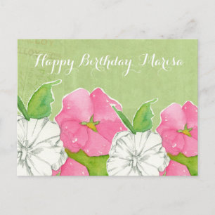 Carte Postale Pink Hollyhocks Aquarelle Fleurs heureux anniversa