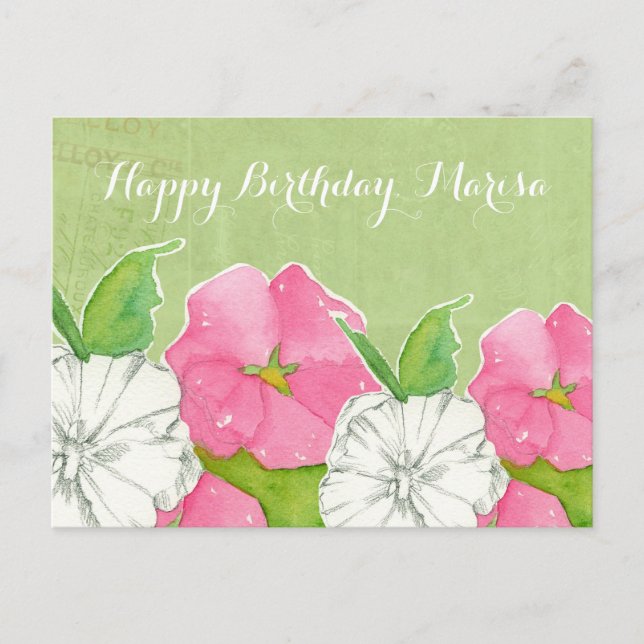 Carte Postale Pink Hollyhocks Aquarelle Fleurs heureux anniversa (Devant)