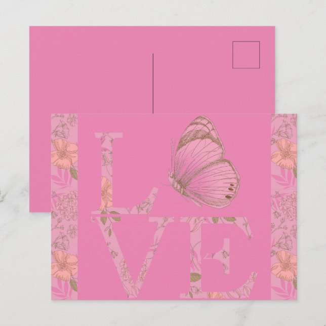 Carte Postale Pink Love Papillon Floral (Devant / Derrière)