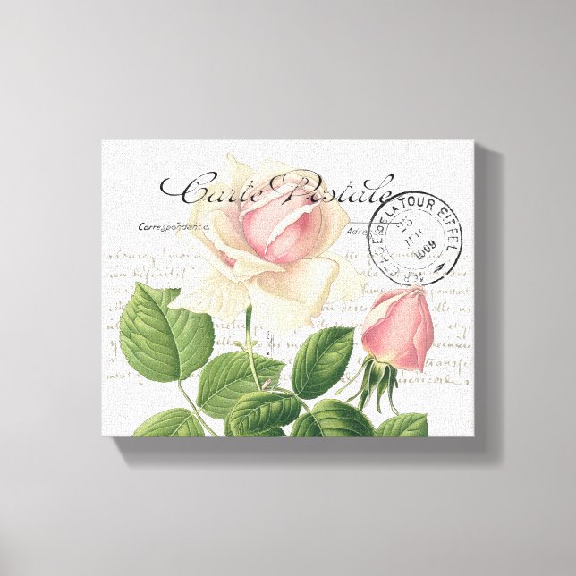 Carte Postale Pink Rose Französische Schrift Vinta Leinwanddruck (Vorderseite)