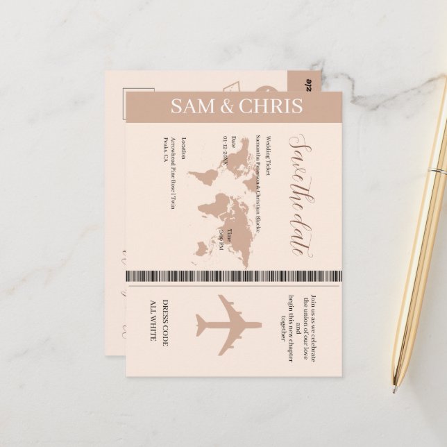 Carte Postale Pink Salmon Boarding Pass World Map Travel (Devant/Arrière en situation)