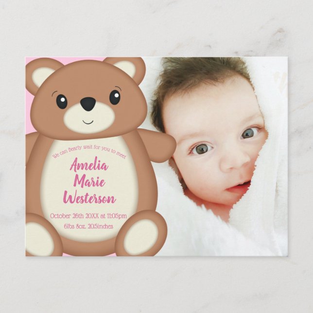 Carte Postale Pink Teddy Bear Baby Faire-part de naissance (Devant)