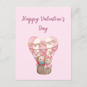 Carte Postale Pink Valentine's Day en peluche ours montgolfière 