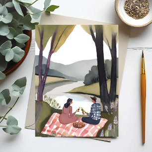 Carte Postale Pique-nique au bord du lac   Peinture aquarelle de