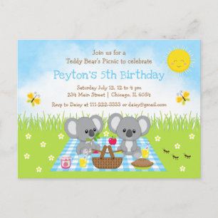 Carte Postale Pique-nique de nounours ours koala à carreaux bleu
